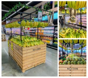 Produce display table and metal framed banana display