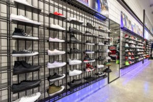 Rebar shoe display wall system with clip on metal shelves and LED lighting